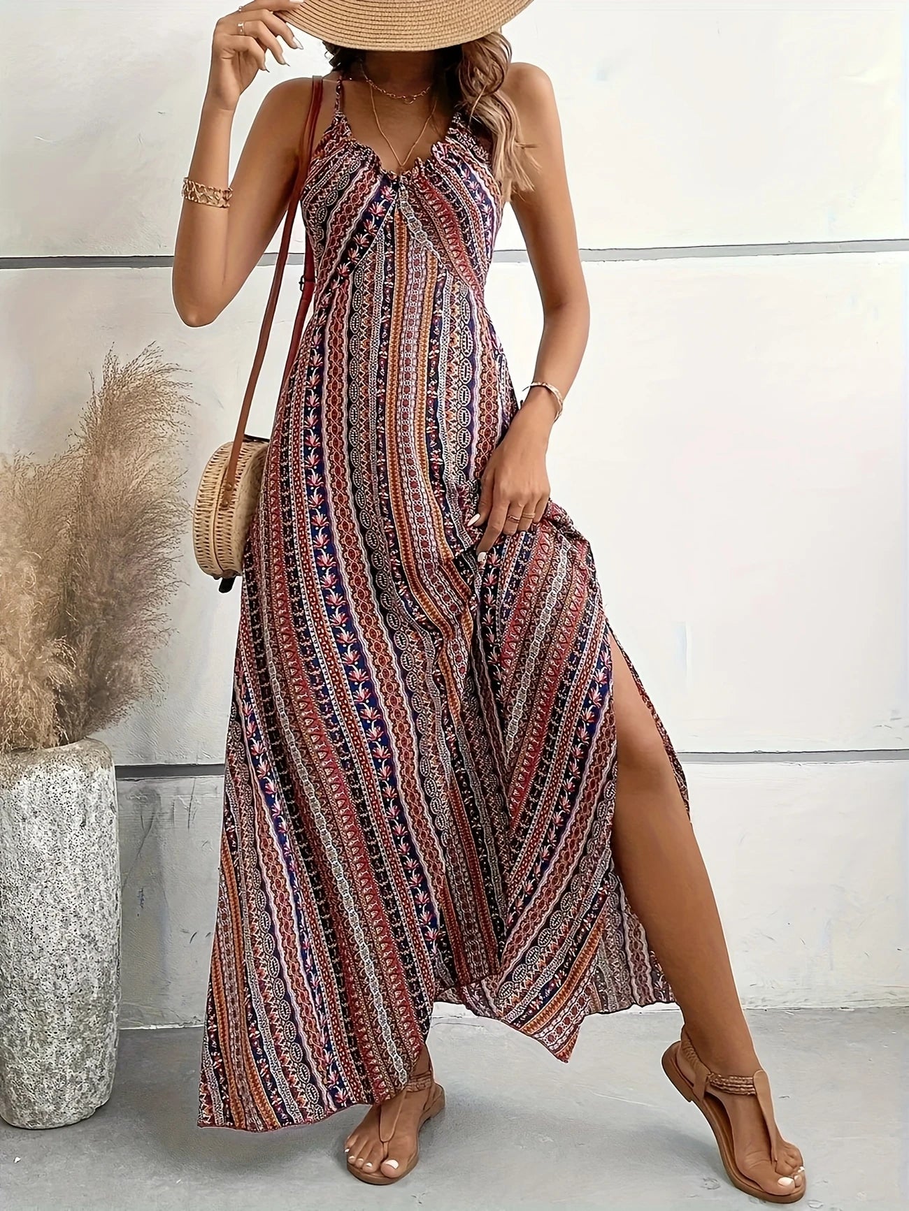 Cross-Front Striped Maxi Dress for Effortless Summer Bohemian Style Beach Vacation Dress - V-Neck Sleeveless with Open Back, Loose A-Line Silhouette for Summer Travel & Casual Outings, Casual Summer Outfit