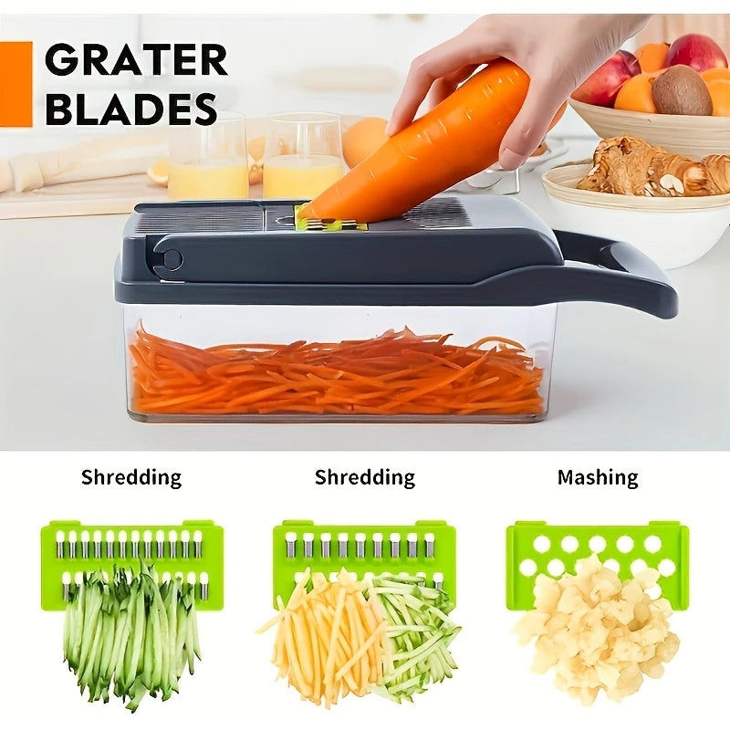 Complete Kitchen Set 16 in 1 Manual Vegetable Chopper | 1 Set with 8 Blades, Container, Peeler And Strainer for Easy Meal Preparation, Professional Onion, Carrot And Garlic Slicer, Kitchen Supplies