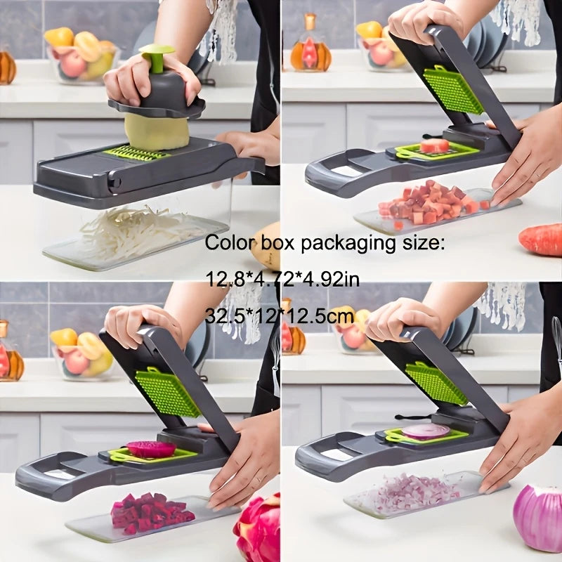 Complete Kitchen Set 16 in 1 Manual Vegetable Chopper | 1 Set with 8 Blades, Container, Peeler And Strainer for Easy Meal Preparation, Professional Onion, Carrot And Garlic Slicer, Kitchen Supplies