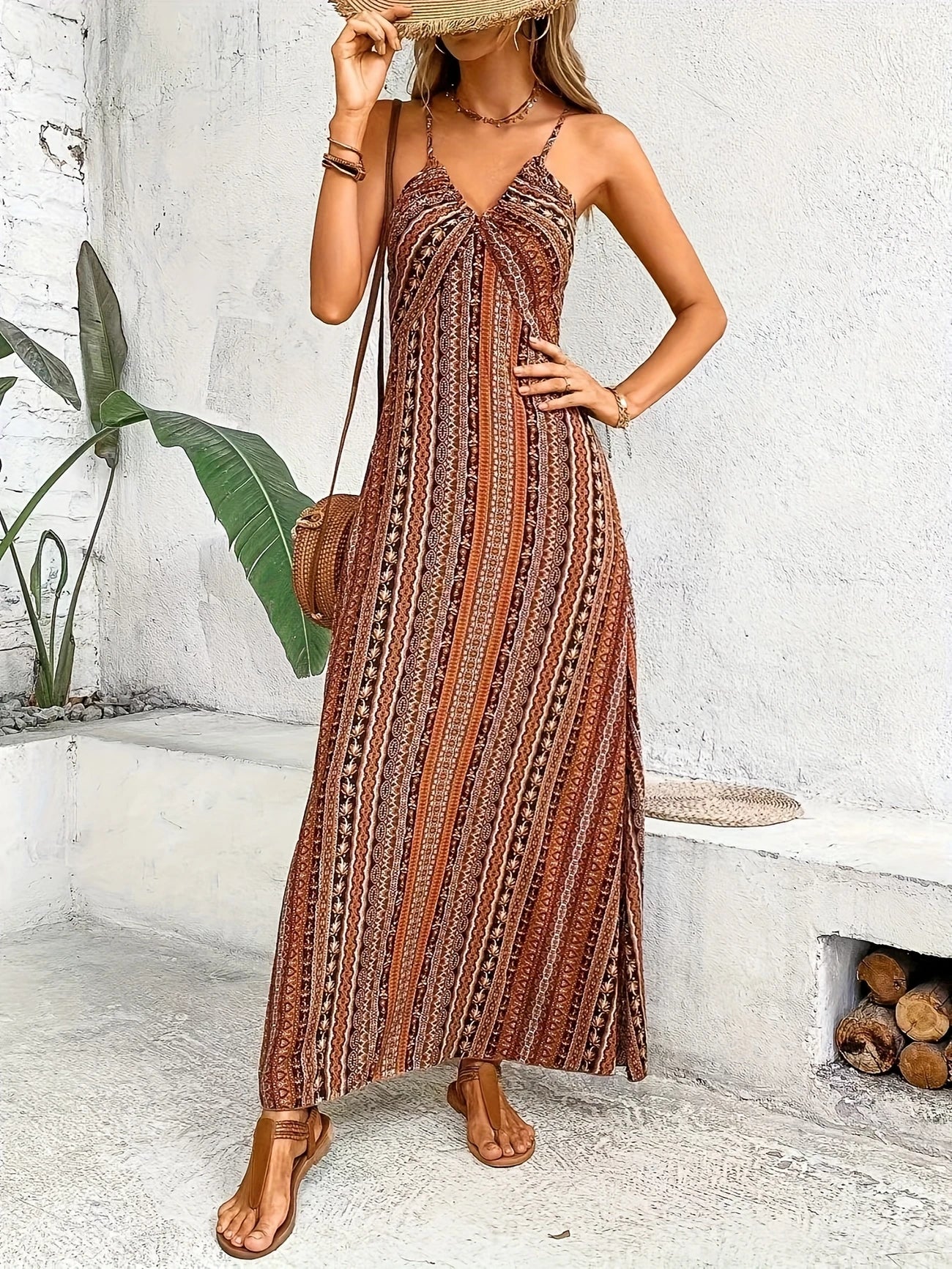 Cross-Front Striped Maxi Dress for Effortless Summer Bohemian Style Beach Vacation Dress - V-Neck Sleeveless with Open Back, Loose A-Line Silhouette for Summer Travel & Casual Outings, Casual Summer Outfit