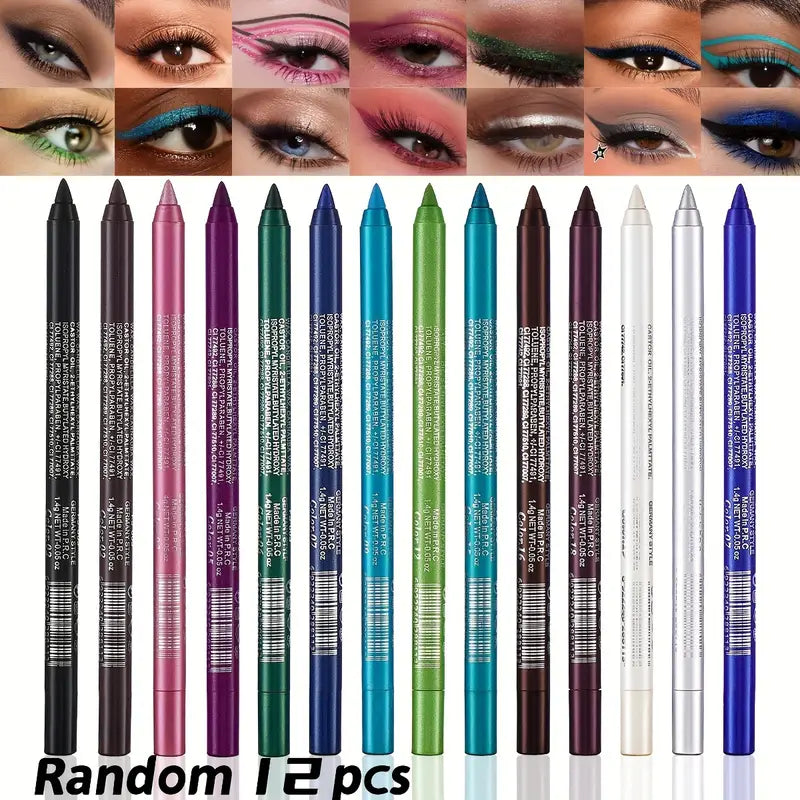 Eyeliner Set with Shimmering Colors 12-Piece Set of Waterproof Eyeliner Pens Includes Eyeshadow, Eyeliner, and Highlighter in a Mix of Colors