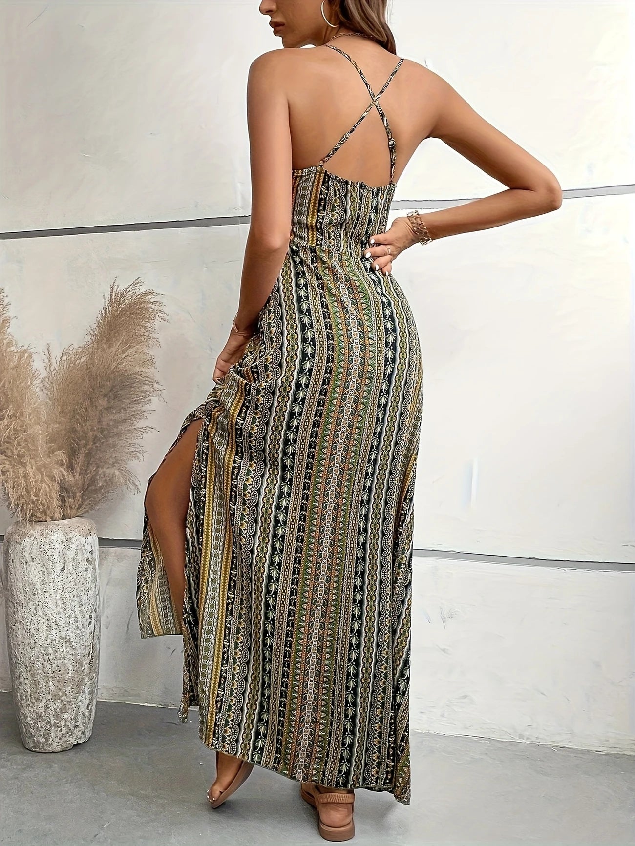 Cross-Front Striped Maxi Dress for Effortless Summer Bohemian Style Beach Vacation Dress - V-Neck Sleeveless with Open Back, Loose A-Line Silhouette for Summer Travel & Casual Outings, Casual Summer Outfit