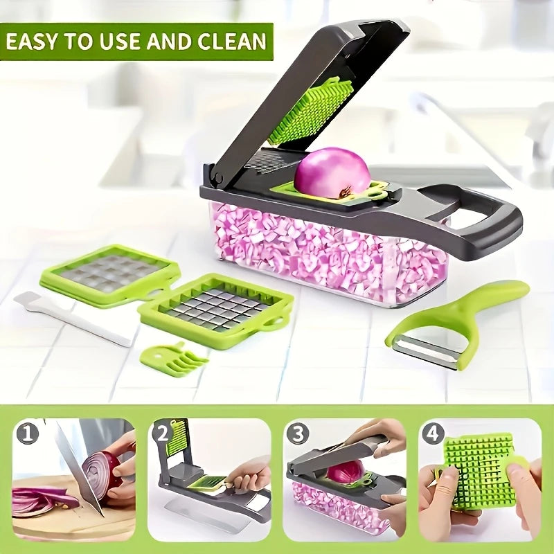 Complete Kitchen Set 16 in 1 Manual Vegetable Chopper | 1 Set with 8 Blades, Container, Peeler And Strainer for Easy Meal Preparation, Professional Onion, Carrot And Garlic Slicer, Kitchen Supplies