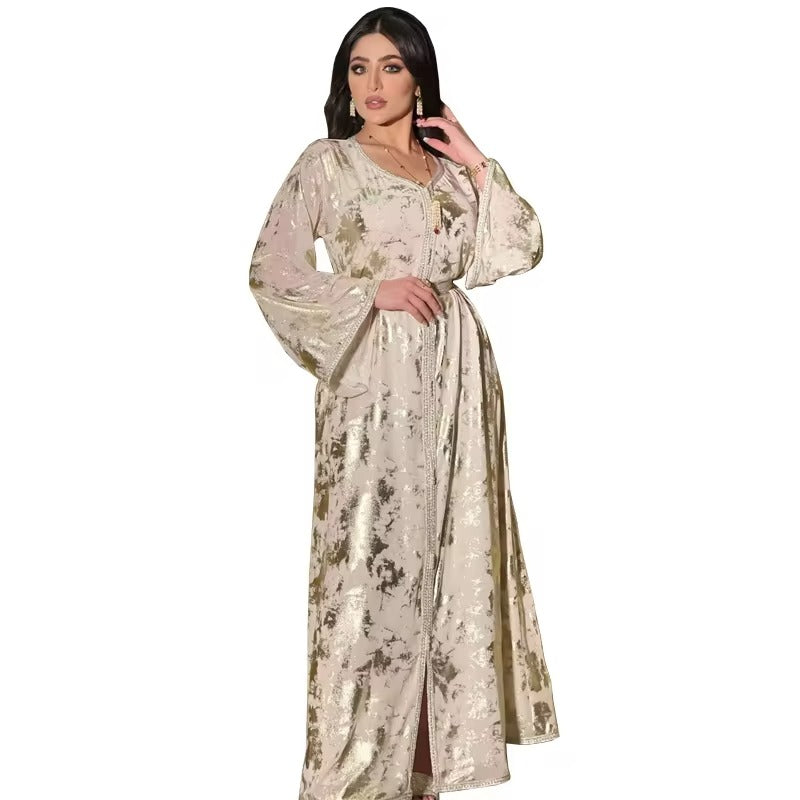 Fashion Dubai Abaya Turkey Jalabiya Muslim Dress for Women Arabic Oman Moroccan Caftan White Golden Islamic Clothing Kaftan Robe