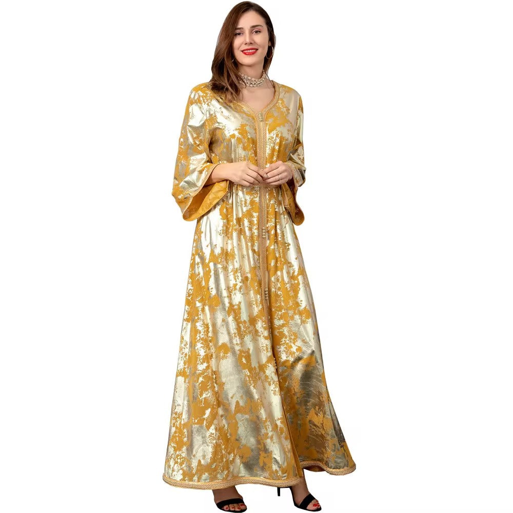 Fashion Dubai Abaya Turkey Jalabiya Muslim Dress for Women Arabic Oman Moroccan Caftan White Golden Islamic Clothing Kaftan Robe
