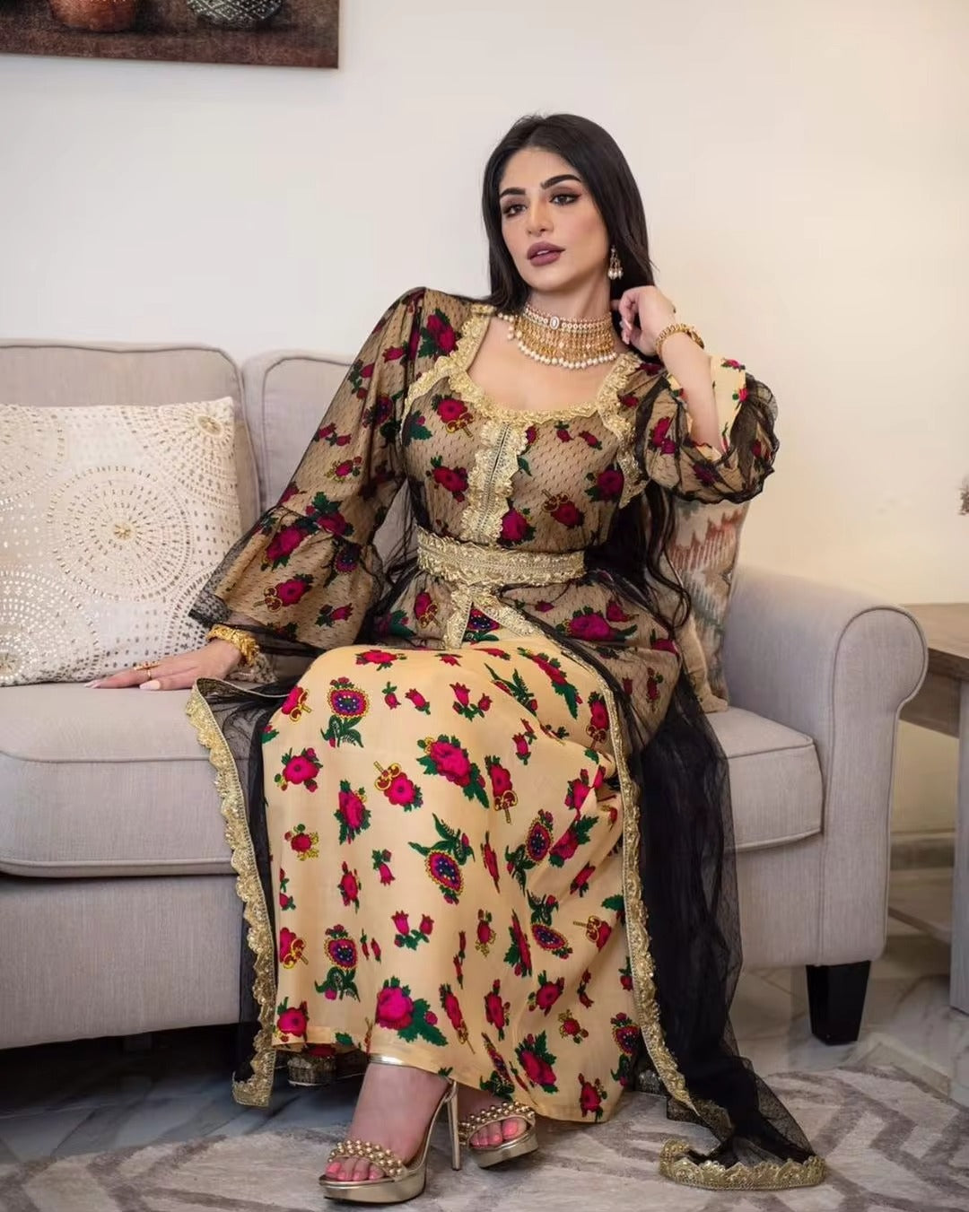 Embroidery Jalabiya Mesh Indian Dress Muslim Abaya Eid Mubarak Dubai Turkish Arabic Islamic Clothing Gold Lace Moroccan Kaftan