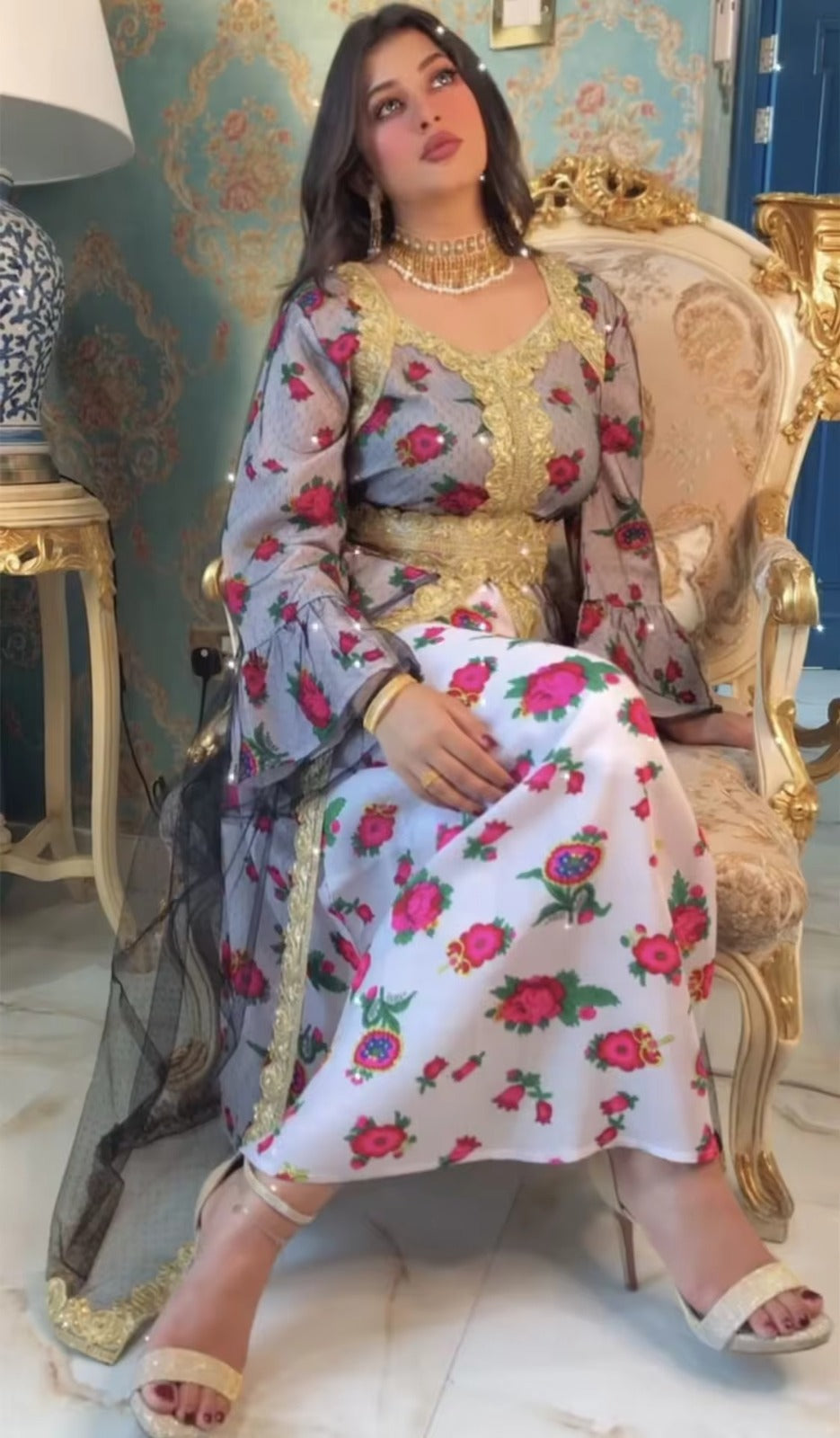 Embroidery Jalabiya Mesh Indian Dress Muslim Abaya Eid Mubarak Dubai Turkish Arabic Islamic Clothing Gold Lace Moroccan Kaftan