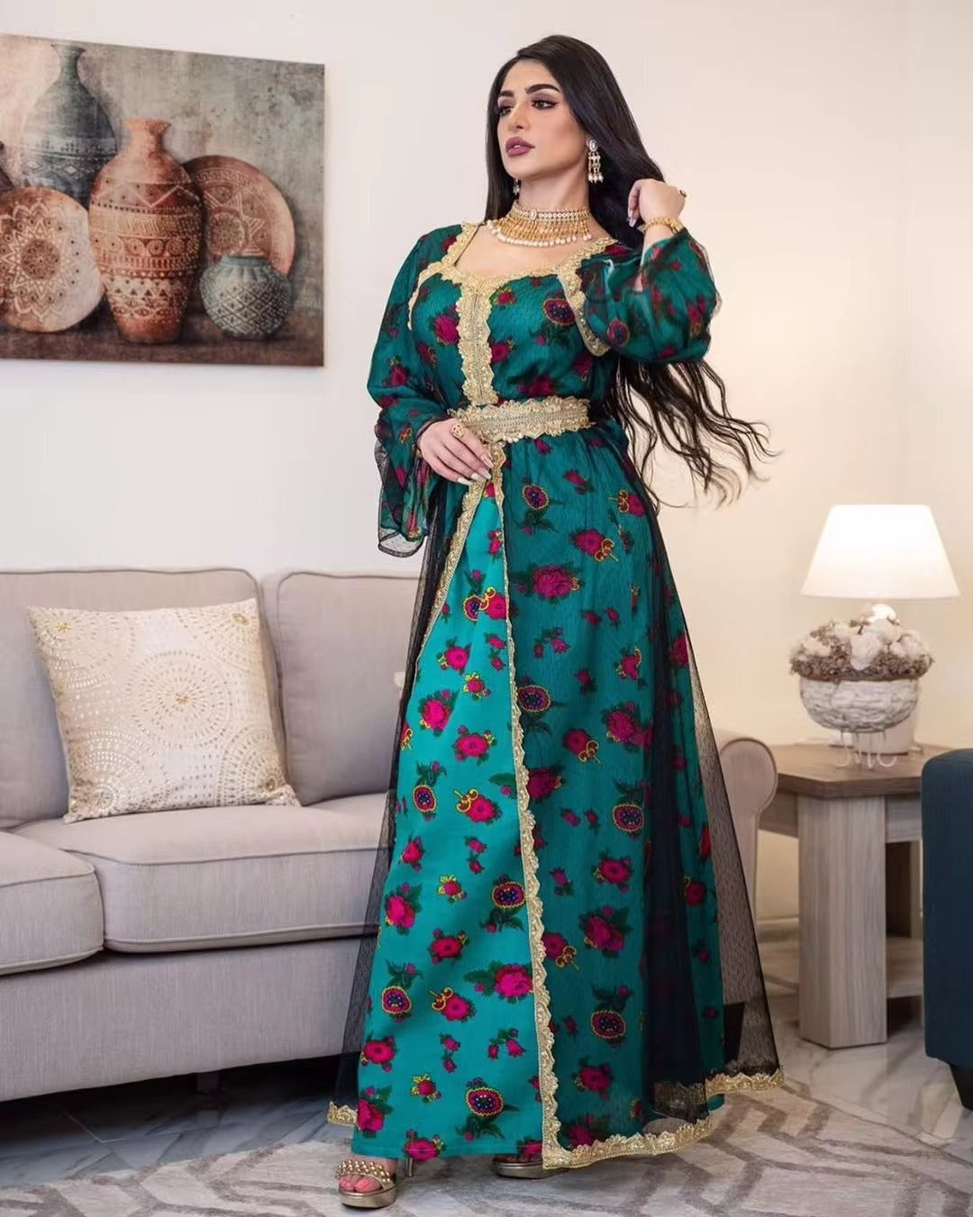 Embroidery Jalabiya Mesh Indian Dress Muslim Abaya Eid Mubarak Dubai Turkish Arabic Islamic Clothing Gold Lace Moroccan Kaftan