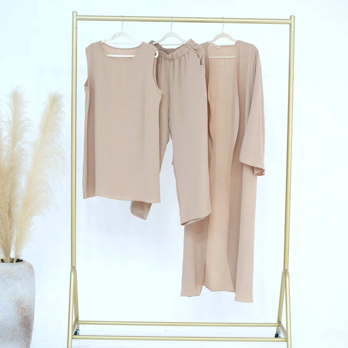 Muslim Women Clothing 3 Pieces Sets Plain Open Abaya Top and Pants Suit Sets Morocco Turkey Modest Islamic Clothing