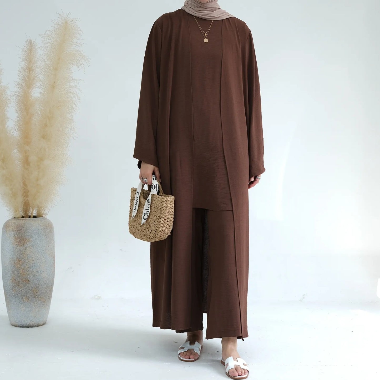 Muslim Women Clothing 3 Pieces Sets Plain Open Abaya Top and Pants Suit Sets Morocco Turkey Modest Islamic Clothing