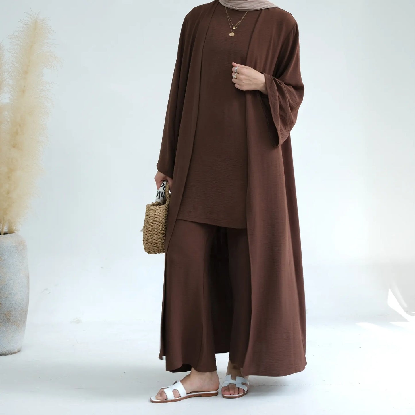 Muslim Women Clothing 3 Pieces Sets Plain Open Abaya Top and Pants Suit Sets Morocco Turkey Modest Islamic Clothing