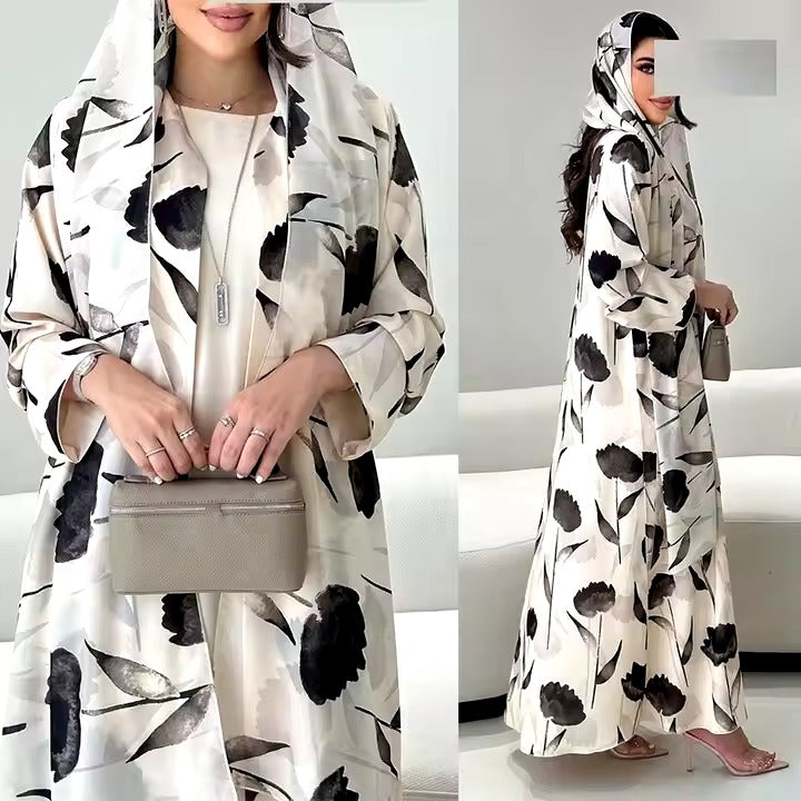 Floral Print Cardigan Maxi Dress Turkey Arabic Robe Kaftan Islamic Kimono Caftan Dubai Femme Women Muslim Open Abaya