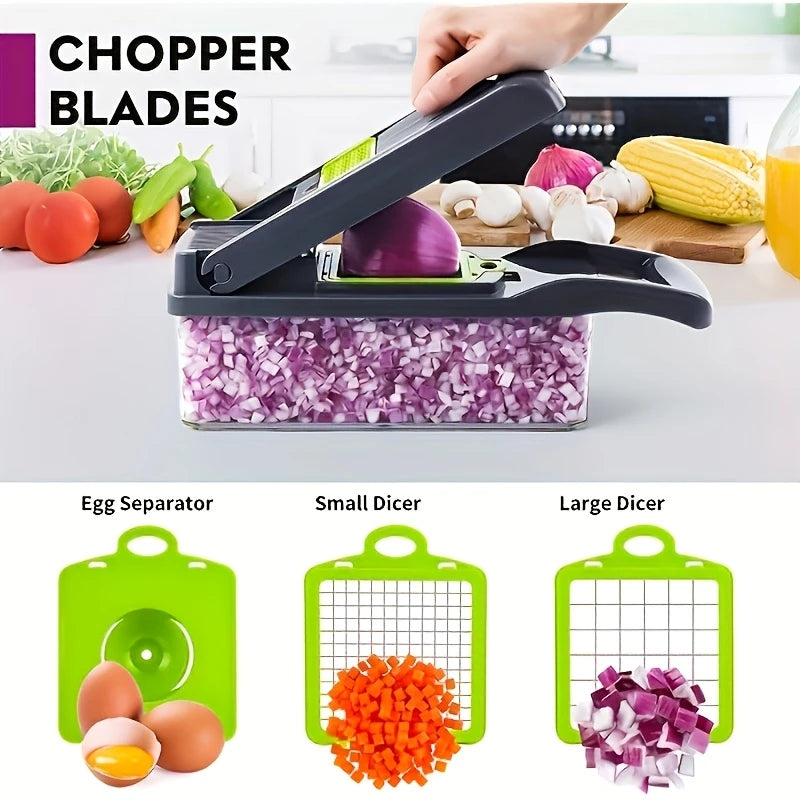 Complete Kitchen Set 16 in 1 Manual Vegetable Chopper | 1 Set with 8 Blades, Container, Peeler And Strainer for Easy Meal Preparation, Professional Onion, Carrot And Garlic Slicer, Kitchen Supplies