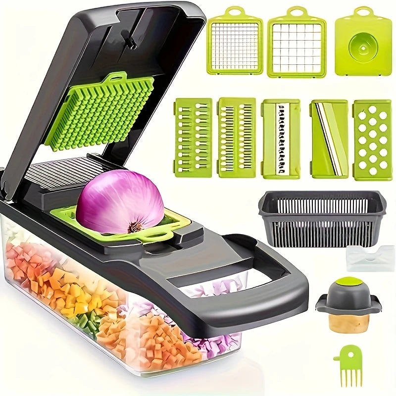 Complete Kitchen Set 16 in 1 Manual Vegetable Chopper | 1 Set with 8 Blades, Container, Peeler And Strainer for Easy Meal Preparation, Professional Onion, Carrot And Garlic Slicer, Kitchen Supplies