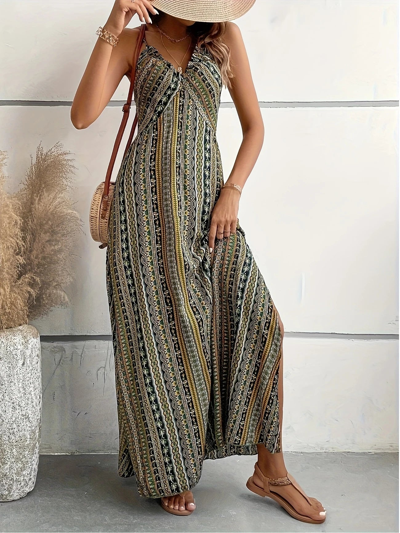 Cross-Front Striped Maxi Dress for Effortless Summer Bohemian Style Beach Vacation Dress - V-Neck Sleeveless with Open Back, Loose A-Line Silhouette for Summer Travel & Casual Outings, Casual Summer Outfit
