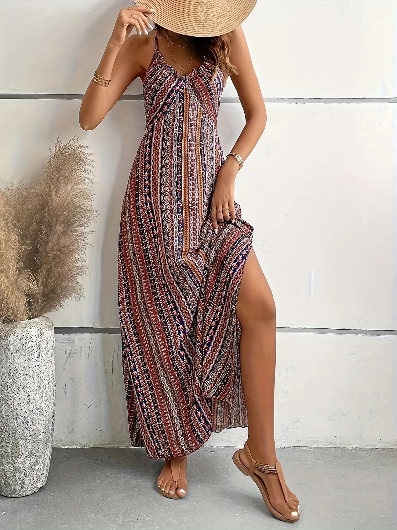 Cross-Front Striped Maxi Dress for Effortless Summer Bohemian Style Beach Vacation Dress - V-Neck Sleeveless with Open Back, Loose A-Line Silhouette for Summer Travel & Casual Outings, Casual Summer Outfit