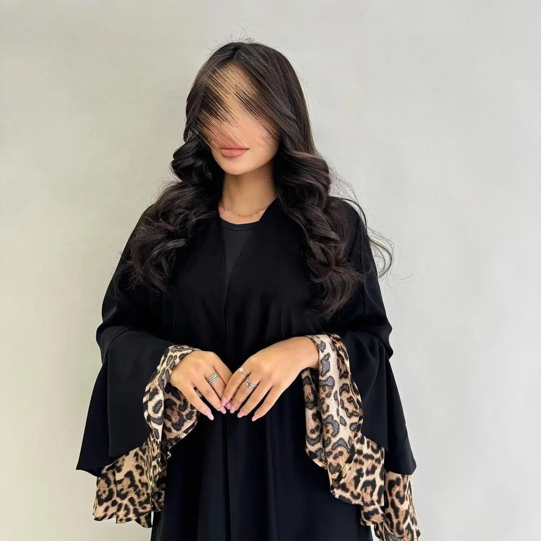 Leopard Print Cuff Cardigan Open Abaya Dress Ruffles Sleeve Modest Dress Turkey Moroccan Kaftan Dubai Abaya Islamic Clothing