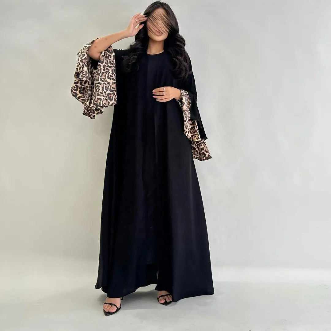 Leopard Print Cuff Cardigan Open Abaya Dress Ruffles Sleeve Modest Dress Turkey Moroccan Kaftan Dubai Abaya Islamic Clothing