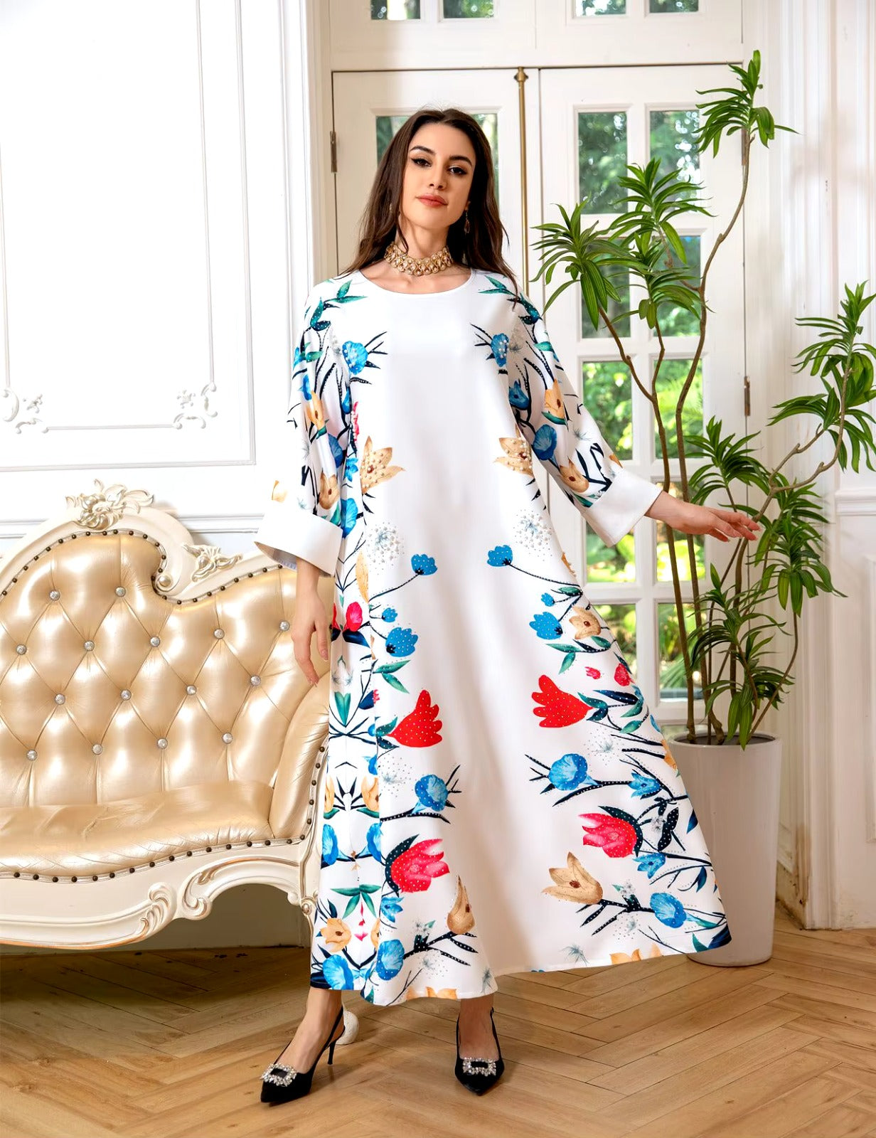 New Eid Muslim Women Floral Print Dress Ethnic Clothing Kaftan Abaya Party Dress Dubai Arab Turkey Ramadan Abaya Caftan Kaftan