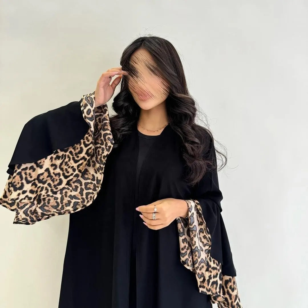 Leopard Print Cuff Cardigan Open Abaya Dress Ruffles Sleeve Modest Dress Turkey Moroccan Kaftan Dubai Abaya Islamic Clothing