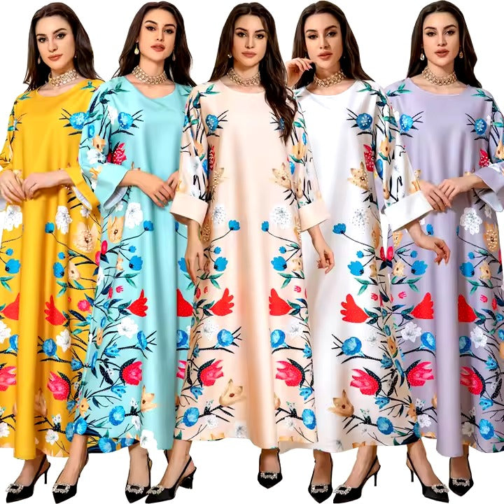 New Eid Muslim Women Floral Print Dress Ethnic Clothing Kaftan Abaya Party Dress Dubai Arab Turkey Ramadan Abaya Caftan Kaftan