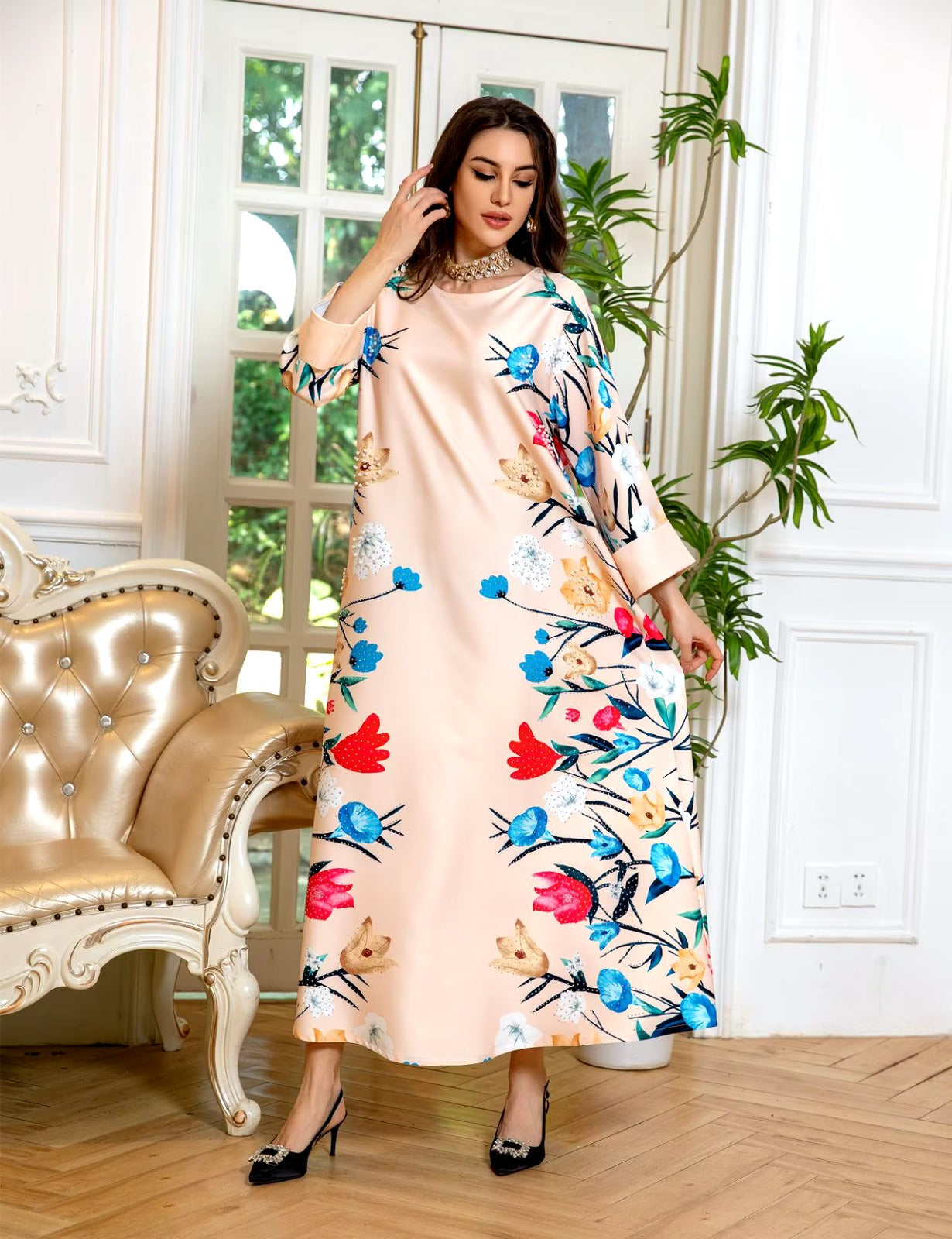 New Eid Muslim Women Floral Print Dress Ethnic Clothing Kaftan Abaya Party Dress Dubai Arab Turkey Ramadan Abaya Caftan Kaftan