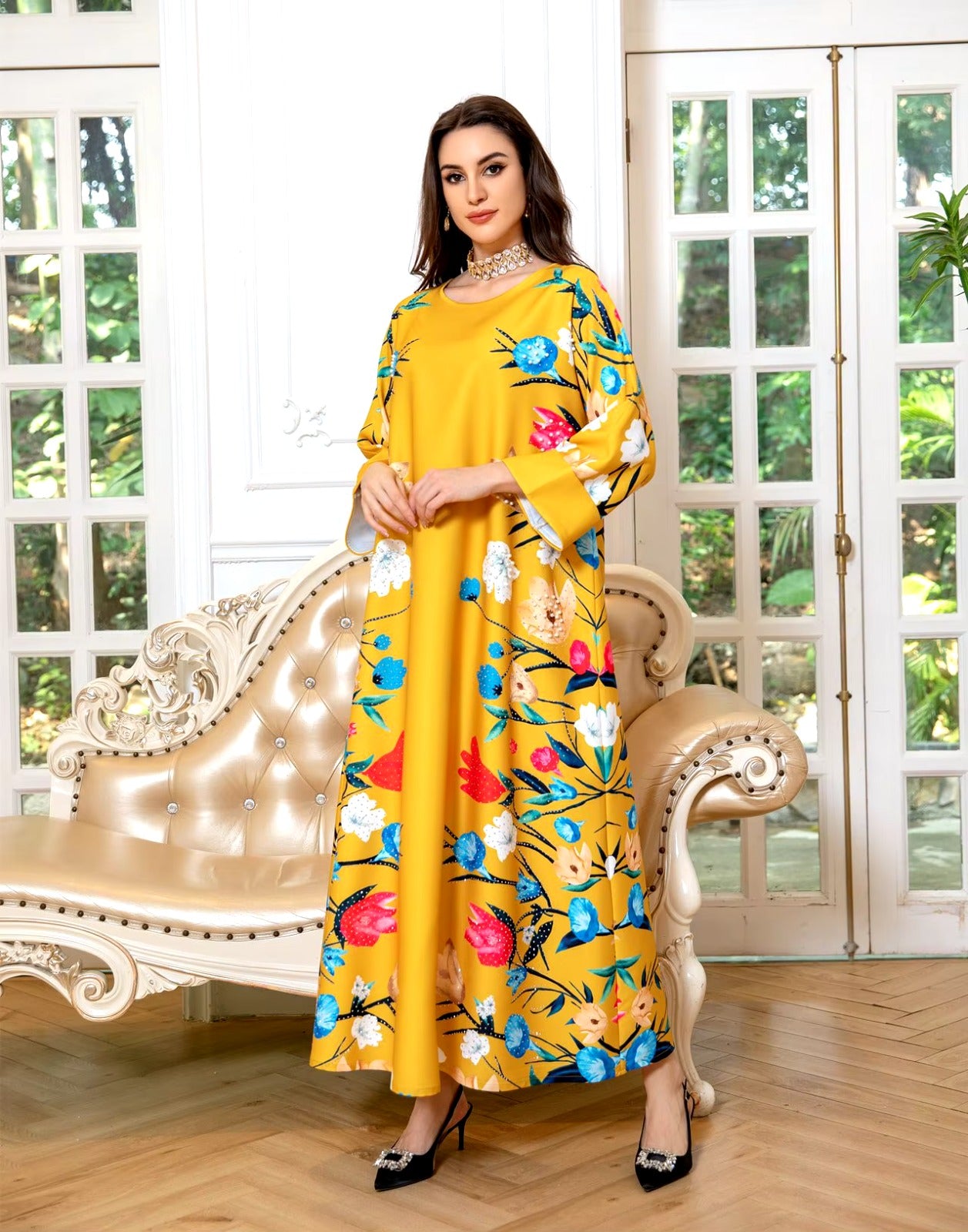 New Eid Muslim Women Floral Print Dress Ethnic Clothing Kaftan Abaya Party Dress Dubai Arab Turkey Ramadan Abaya Caftan Kaftan
