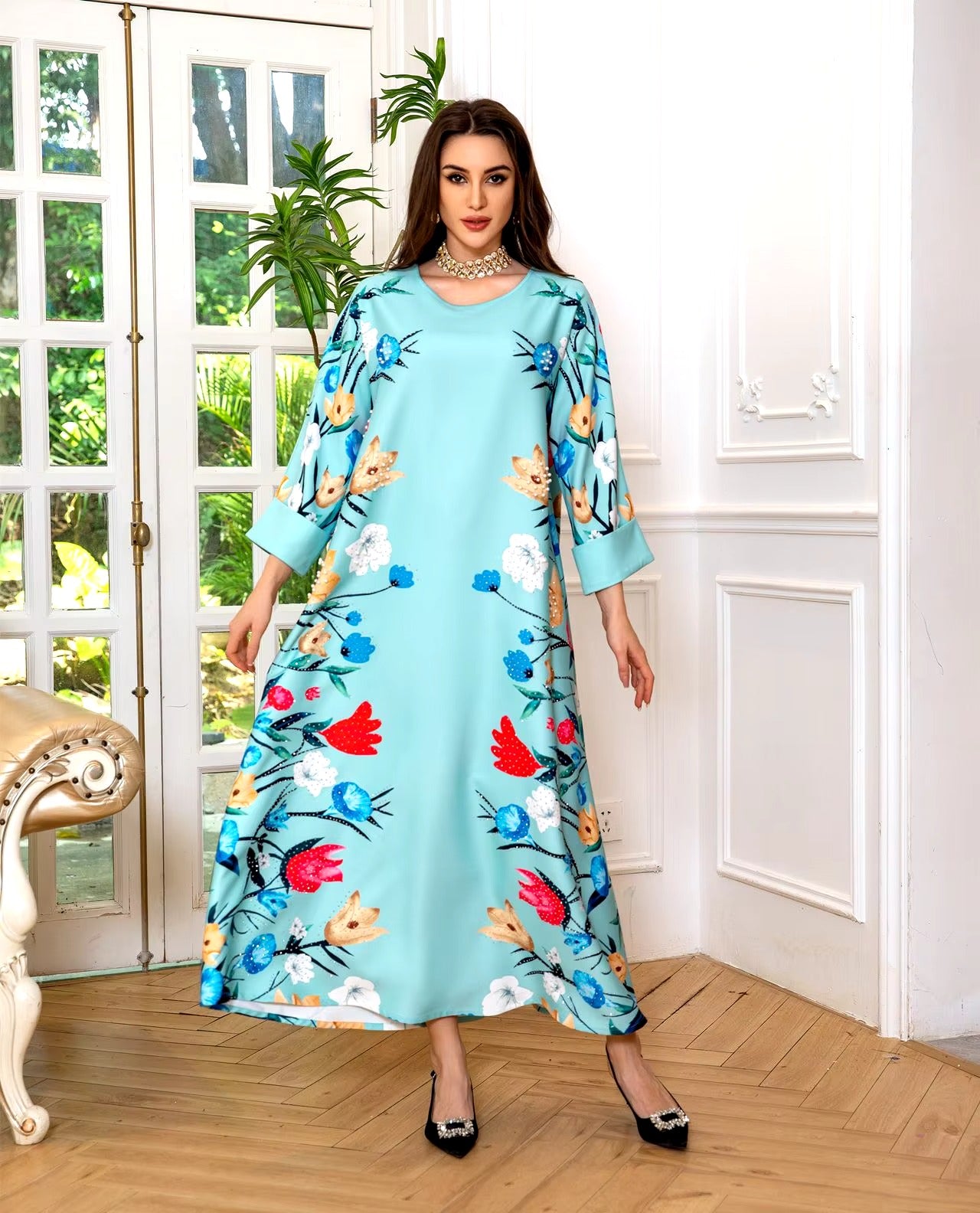 New Eid Muslim Women Floral Print Dress Ethnic Clothing Kaftan Abaya Party Dress Dubai Arab Turkey Ramadan Abaya Caftan Kaftan