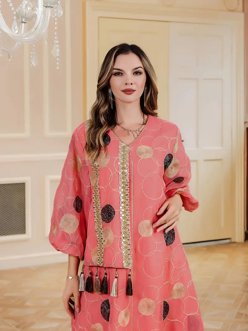 Discover the Luxury of Our Geometric Patterned Abaya Dress Versatile Polyester Abaya: Ideal for Any Season and Occasion