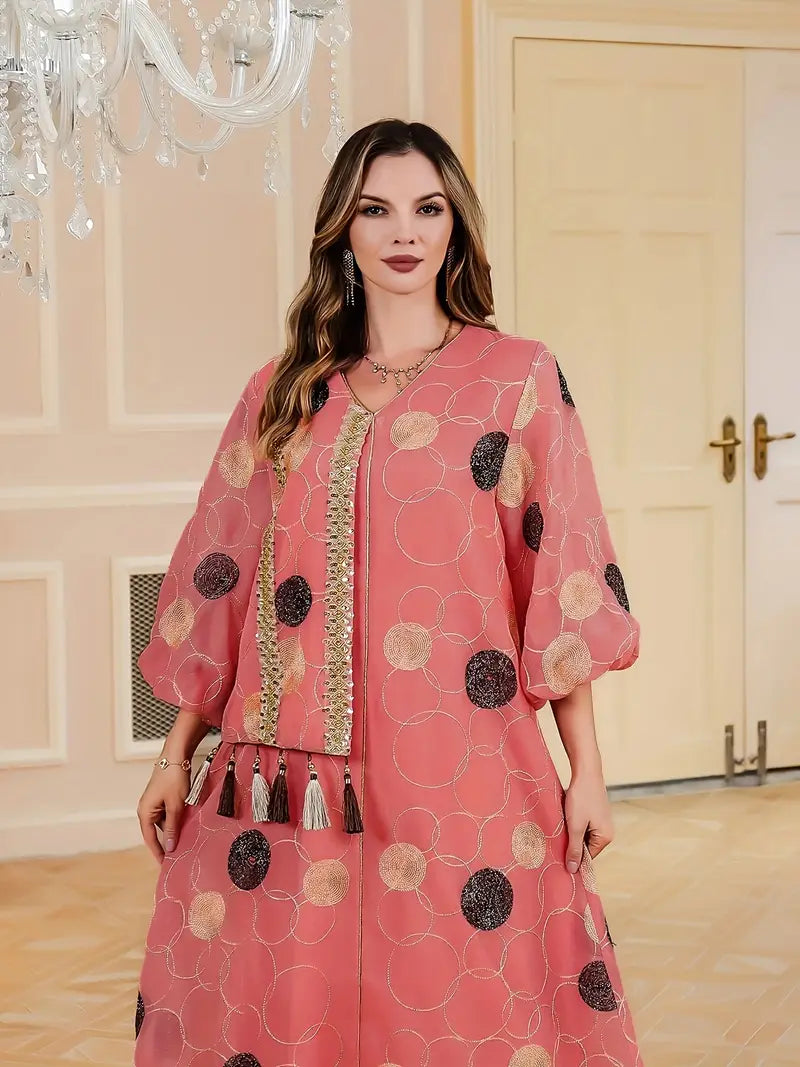 Discover the Luxury of Our Geometric Patterned Abaya Dress Versatile Polyester Abaya: Ideal for Any Season and Occasion