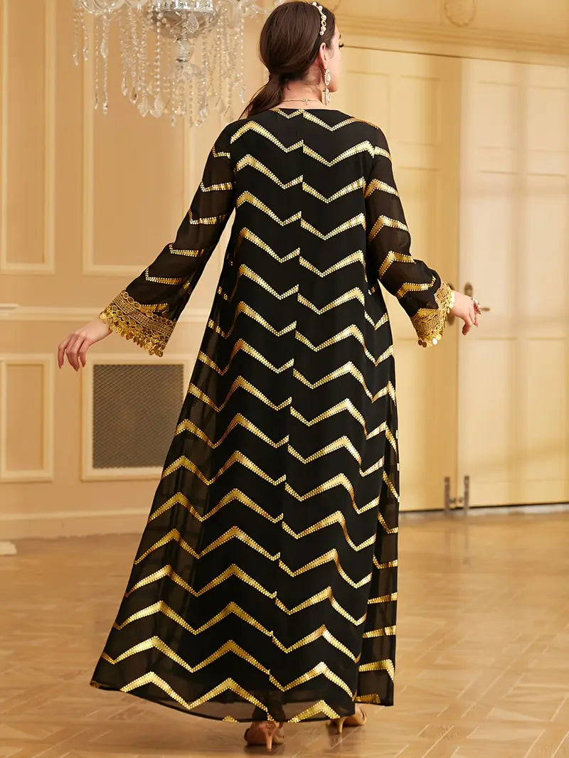 Comfortable Non-Stretch Fabric Dress with Long Sleeves and Tassels