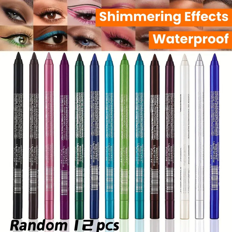 Eyeliner Set with Shimmering Colors 12-Piece Set of Waterproof Eyeliner Pens Includes Eyeshadow, Eyeliner, and Highlighter in a Mix of Colors
