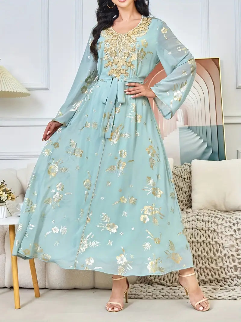 Beautiful Polyester Kaftan Dress with Long Sleeves and Beaded Detail