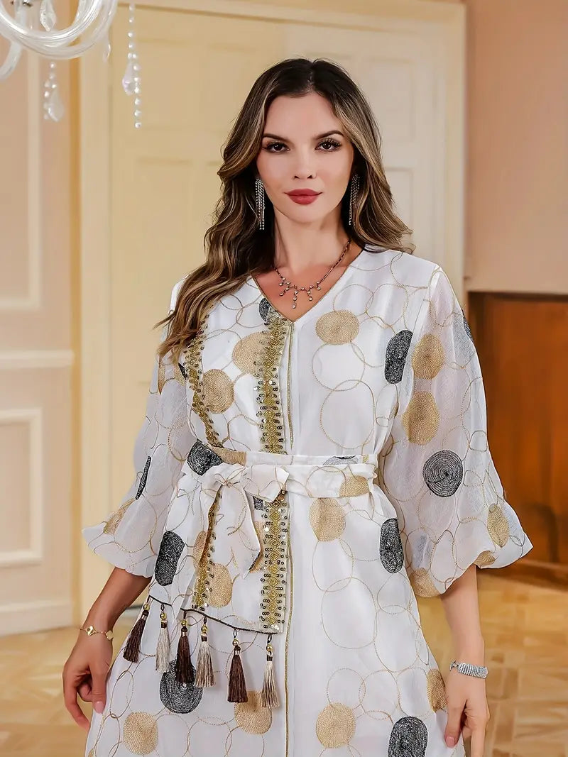 Discover the Luxury of Our Geometric Patterned Abaya Dress Versatile Polyester Abaya: Ideal for Any Season and Occasion