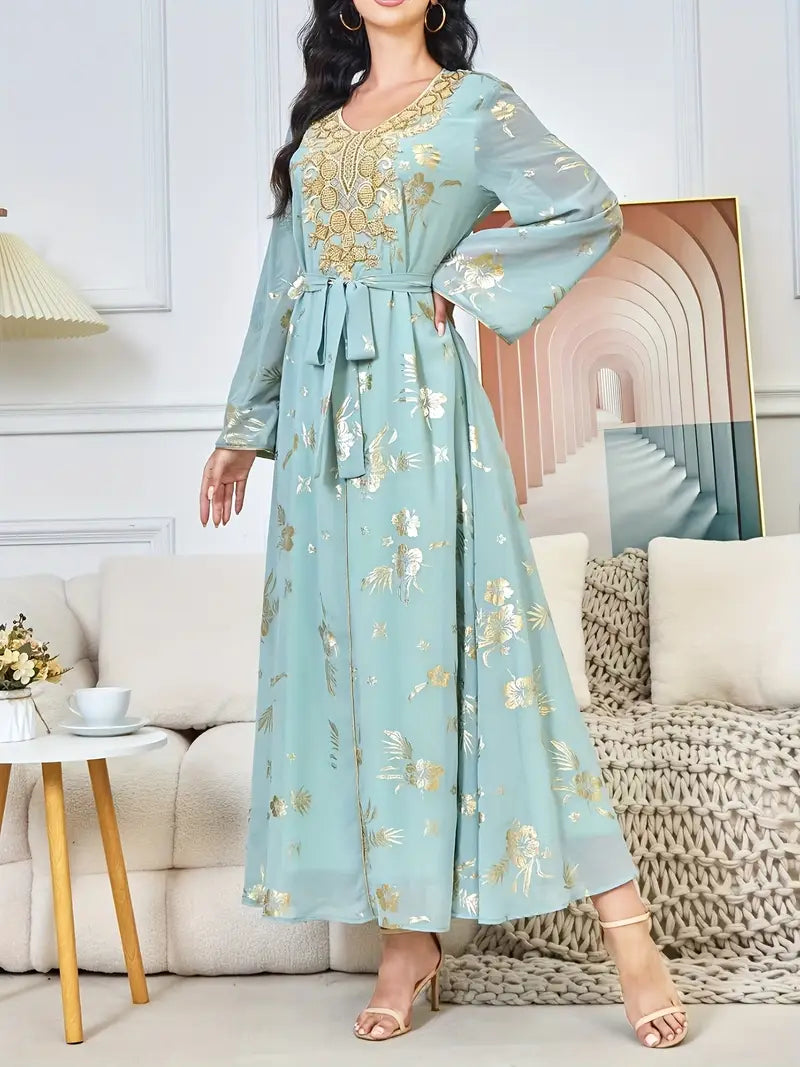 Beautiful Polyester Kaftan Dress with Long Sleeves and Beaded Detail