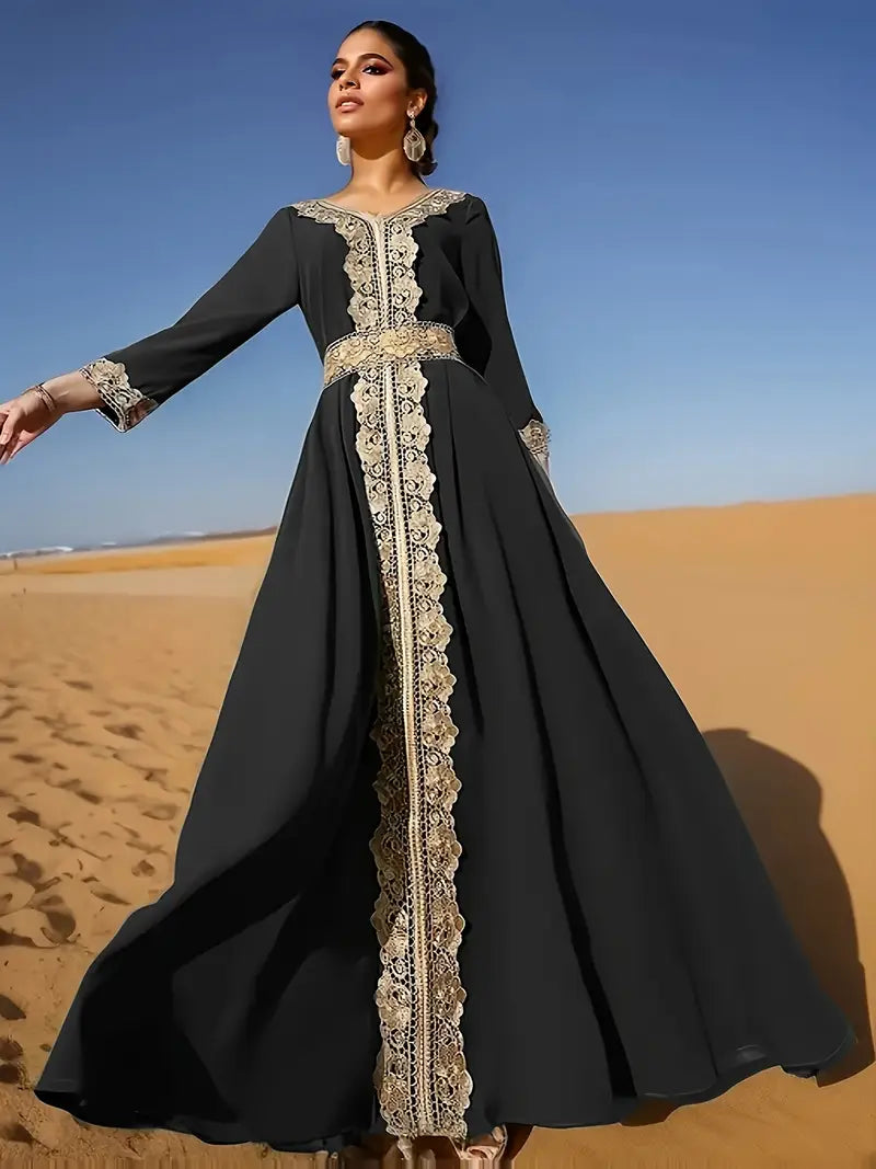 Elegant Lace Trim V-neck Kaftan Dress for Women