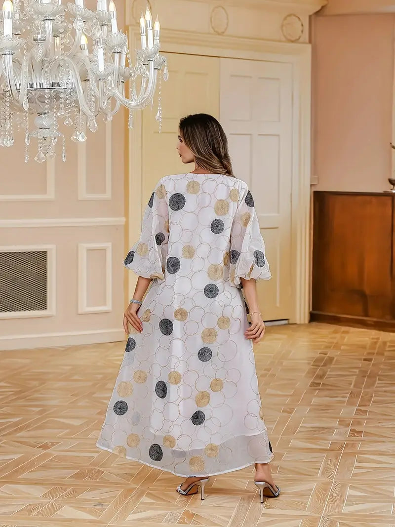 Discover the Luxury of Our Geometric Patterned Abaya Dress Versatile Polyester Abaya: Ideal for Any Season and Occasion