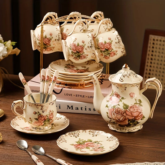 Discover the Beauty of Our Flowering Shrubs Tea Cups Collection 7pcs/19pcs Flowering Shrubs Tea Cups and Saucers Set of 6, Tea Set, Ivory Ceramic Floral Tea Cups Set with Golden Rack, Coffee Cups Set, 8oz