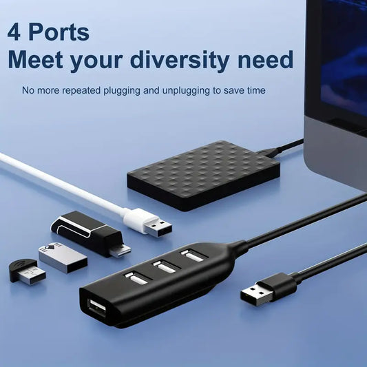 Compact 4-Port USB 2.0 Hub with Power Adapter for Easy Connectivity