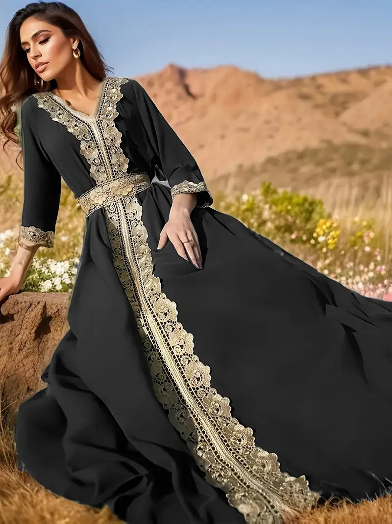 Elegant Lace Trim V-neck Kaftan Dress for Women