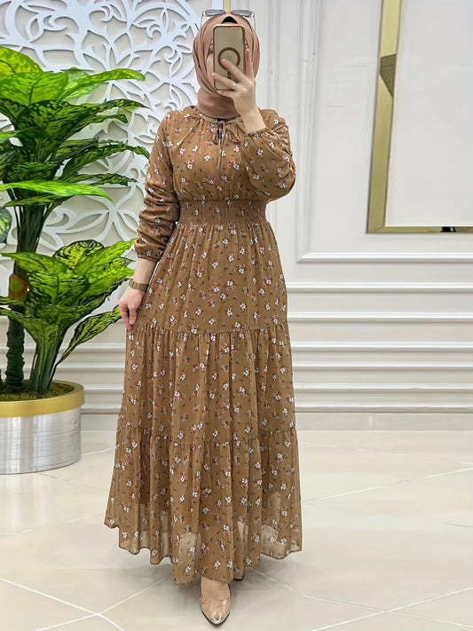 Elegant Crew Neck Long Sleeve Abayas Dress for Women, Elegant Shirred Waist Ruffle Hem Maxi Length Dress, Women's Clothing