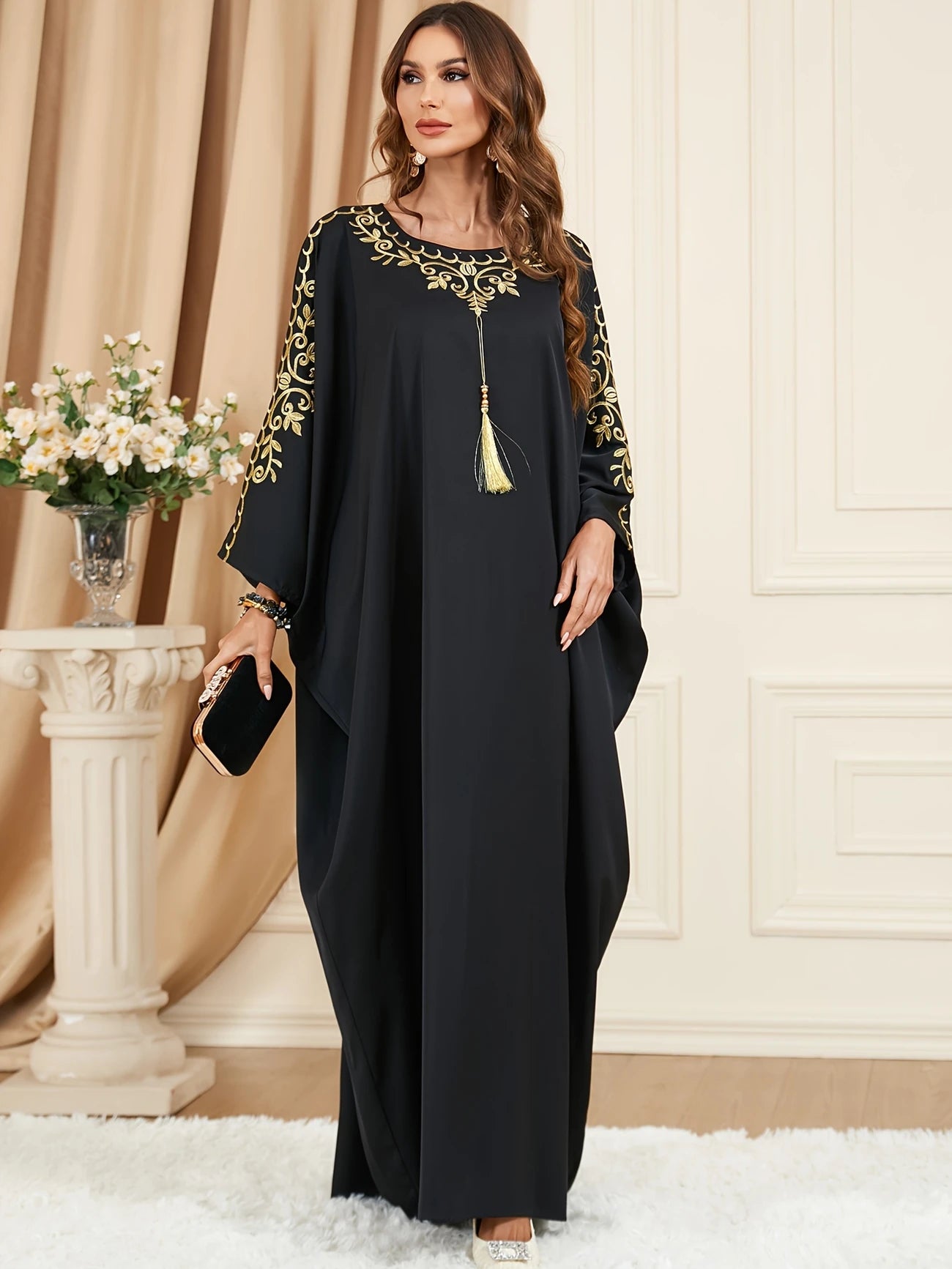 Chic Crew Neck Tops with Tassels for a Fashion-Forward Look Fashionable Embellished, Chic Crew Neck, Flowy Batwing Sleeves, Timeless Elegant Style - Perfect for Curvy Women