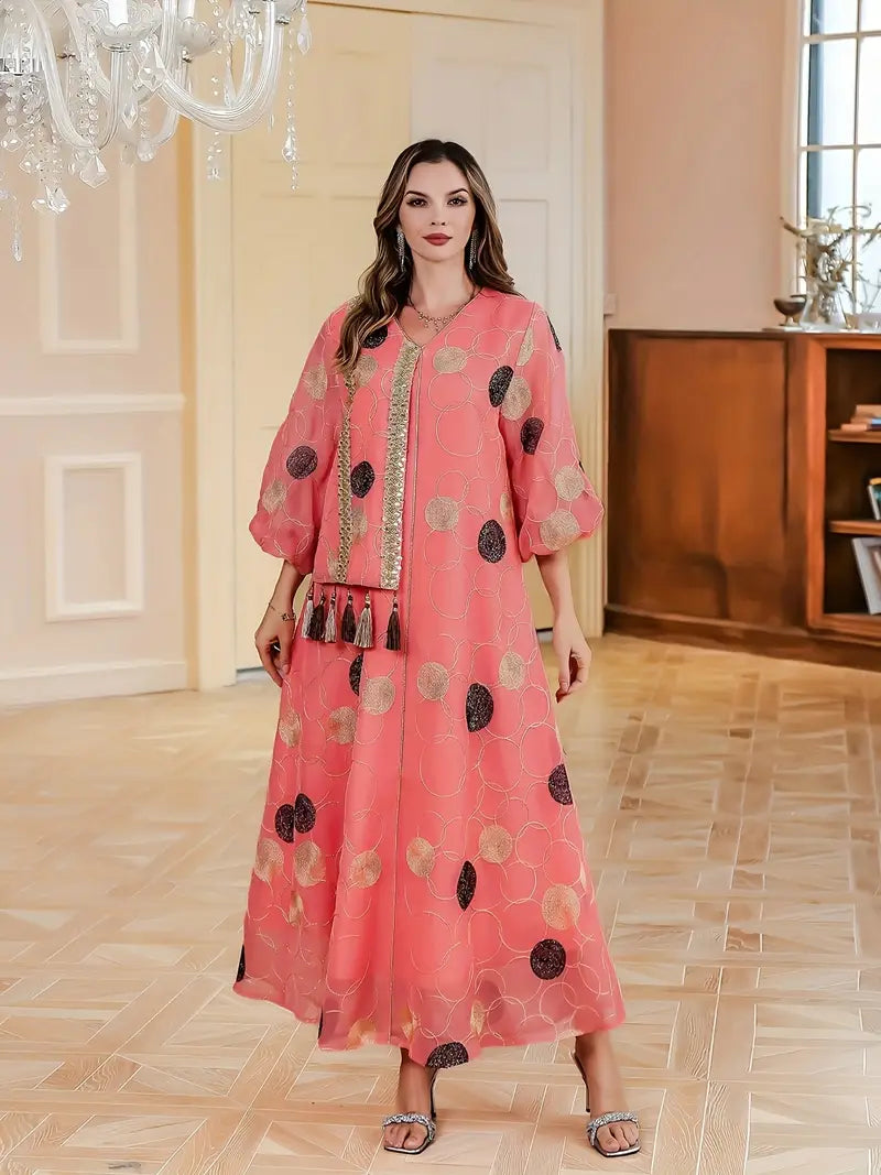 Discover the Luxury of Our Geometric Patterned Abaya Dress Versatile Polyester Abaya: Ideal for Any Season and Occasion
