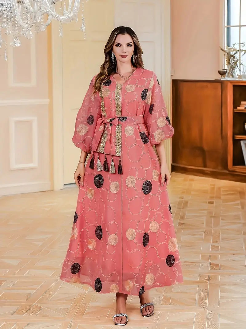 Discover the Luxury of Our Geometric Patterned Abaya Dress Versatile Polyester Abaya: Ideal for Any Season and Occasion