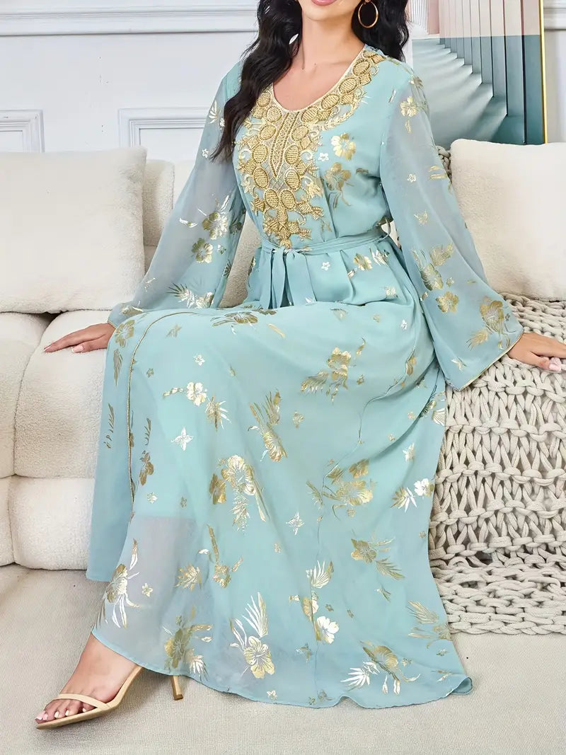 Beautiful Polyester Kaftan Dress with Long Sleeves and Beaded Detail