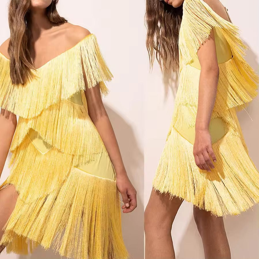 Women's clothing ladies tassel textured night club dresses sexy fringed short skirt party casual dress