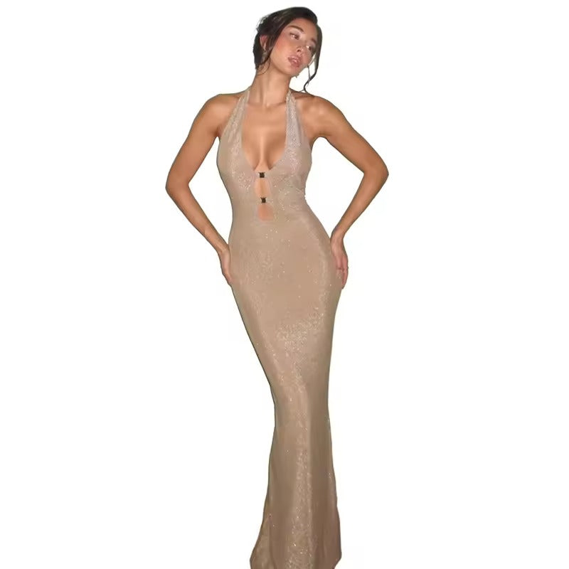 Women's Clothing Ladies Temperament Dresses Summer Style Sexy Hanging Neck Open Back Lace up V-neck Slim Fit Women Party Dress
