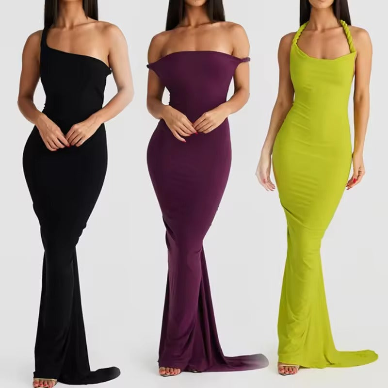Women's Clothing Ladies New Temperament Dresses Hanging Neck Large Open Back Pleated Wrapped Hip Sexy Women Long Party Dress