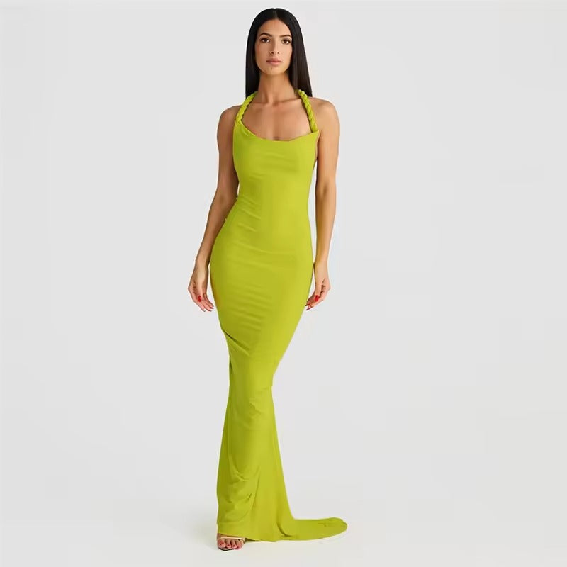 Women's Clothing Ladies New Temperament Dresses Hanging Neck Large Open Back Pleated Wrapped Hip Sexy Women Long Party Dress