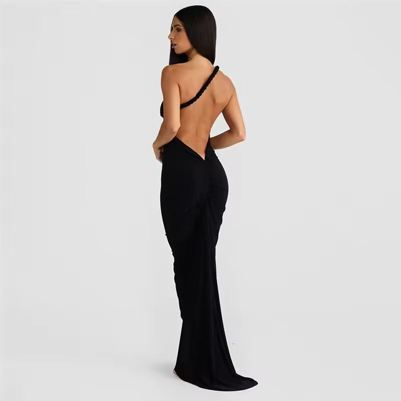 Women's Clothing Ladies New Temperament Dresses Hanging Neck Large Open Back Pleated Wrapped Hip Sexy Women Long Party Dress